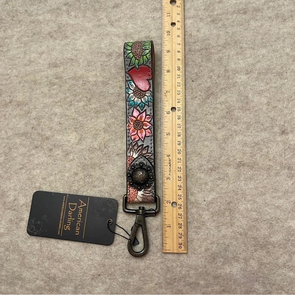 American Darling ADWSF125 Floral Tooled Leather Keychain Wristlet Gray New